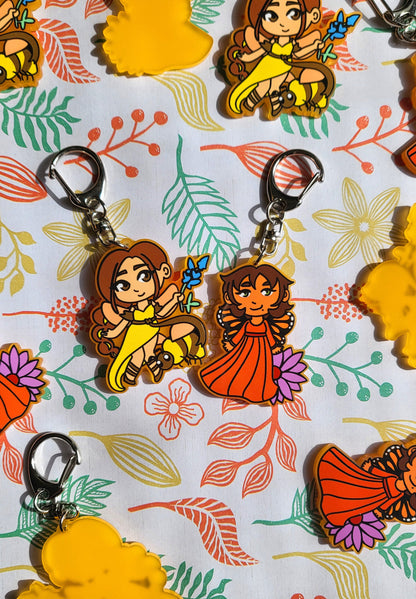 Texas Fairy Keychain Charm 2 inch Bee Bluebonnet and Monarch Coneflower